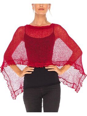 Women’s Cranberry Sheer Knit Poncho Shrug Lightweight Asymmetrical Ruffle Wraps
